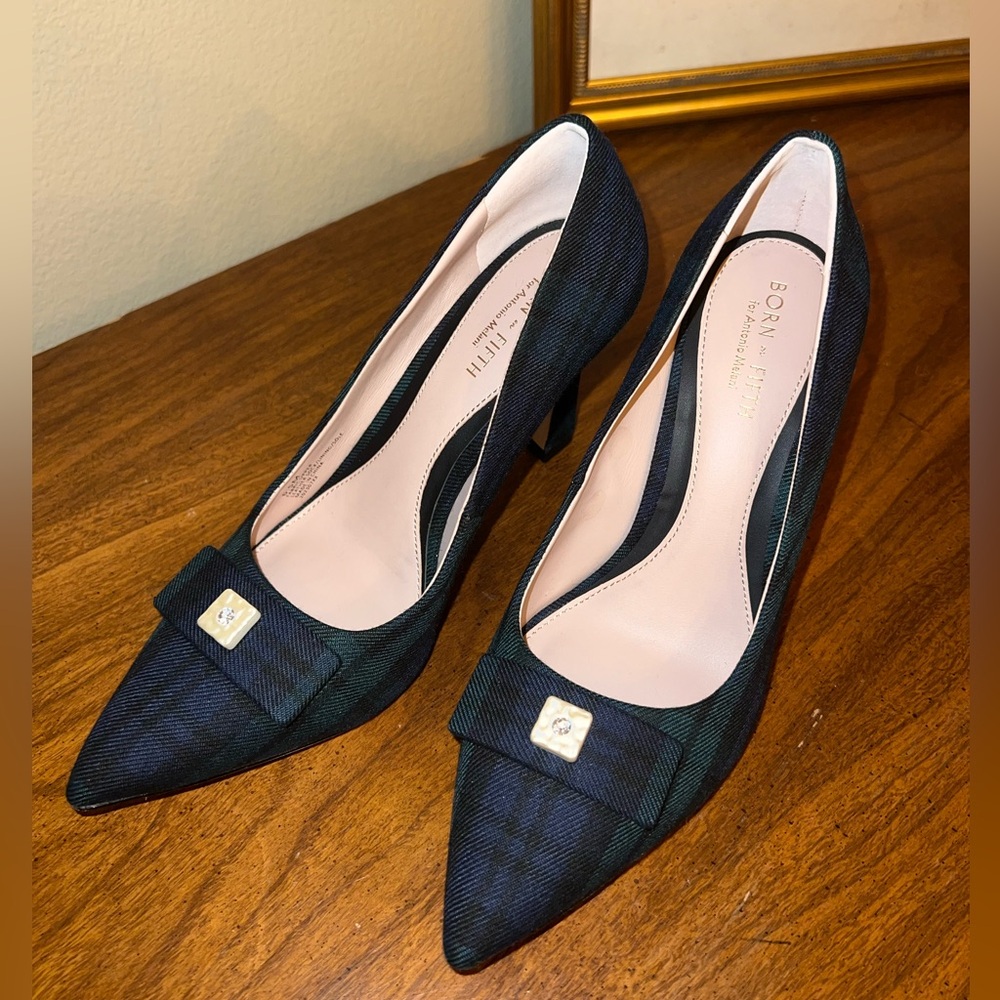 Antonio Melani x Born on Fifth, the Ruby Tartan Plaid Pearl Bow Detail Pumps